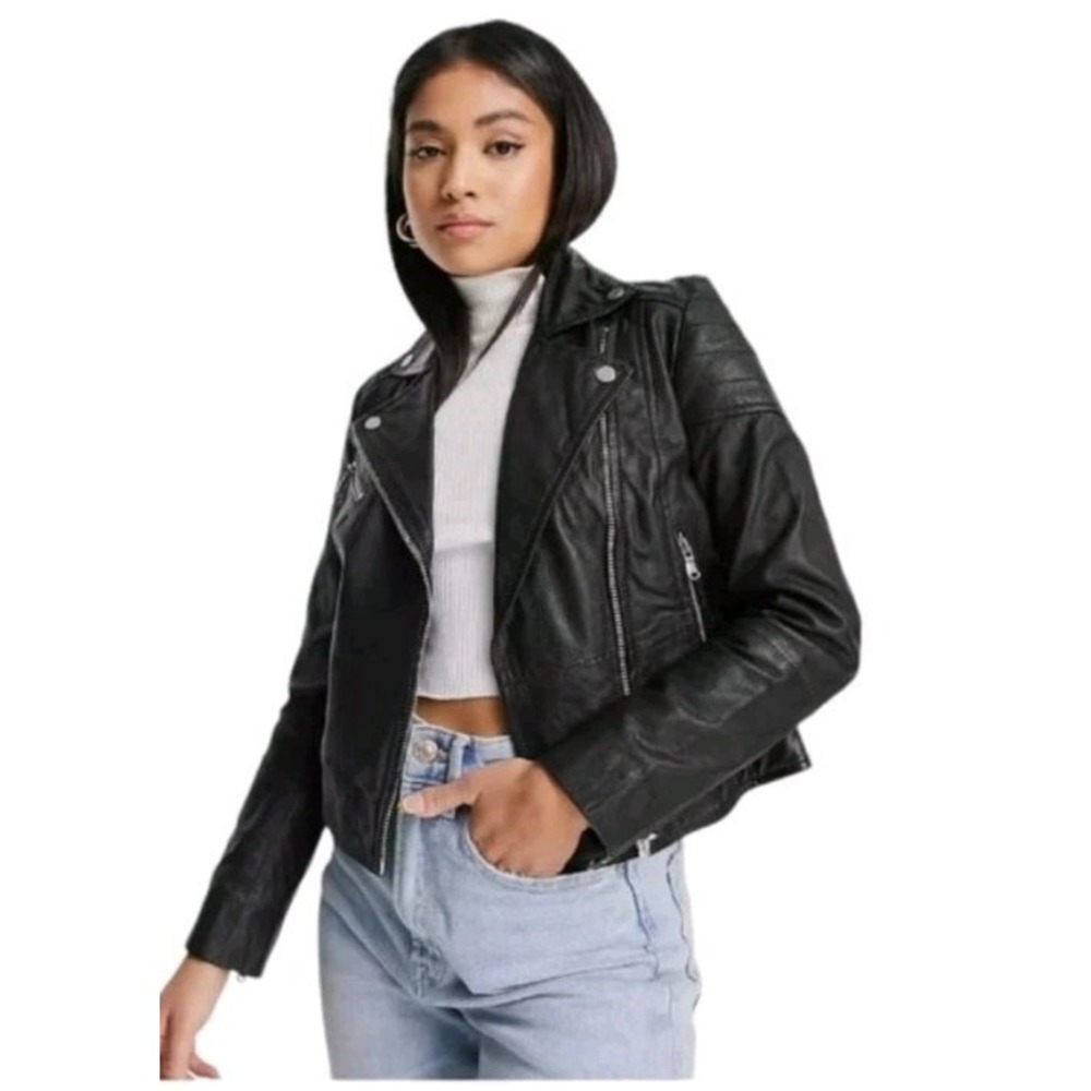 Barney's Originals Womens 10 Black Sheep Leather Moto Jacket LNC!